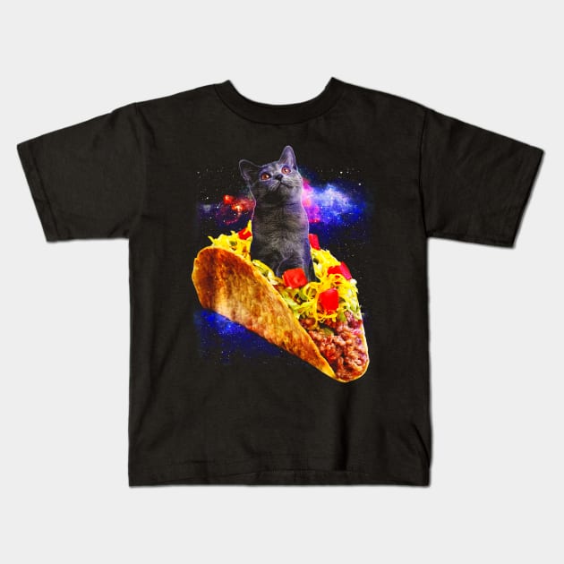 Cat Riding a Taco In Galaxy Kids T-Shirt by CovidStore